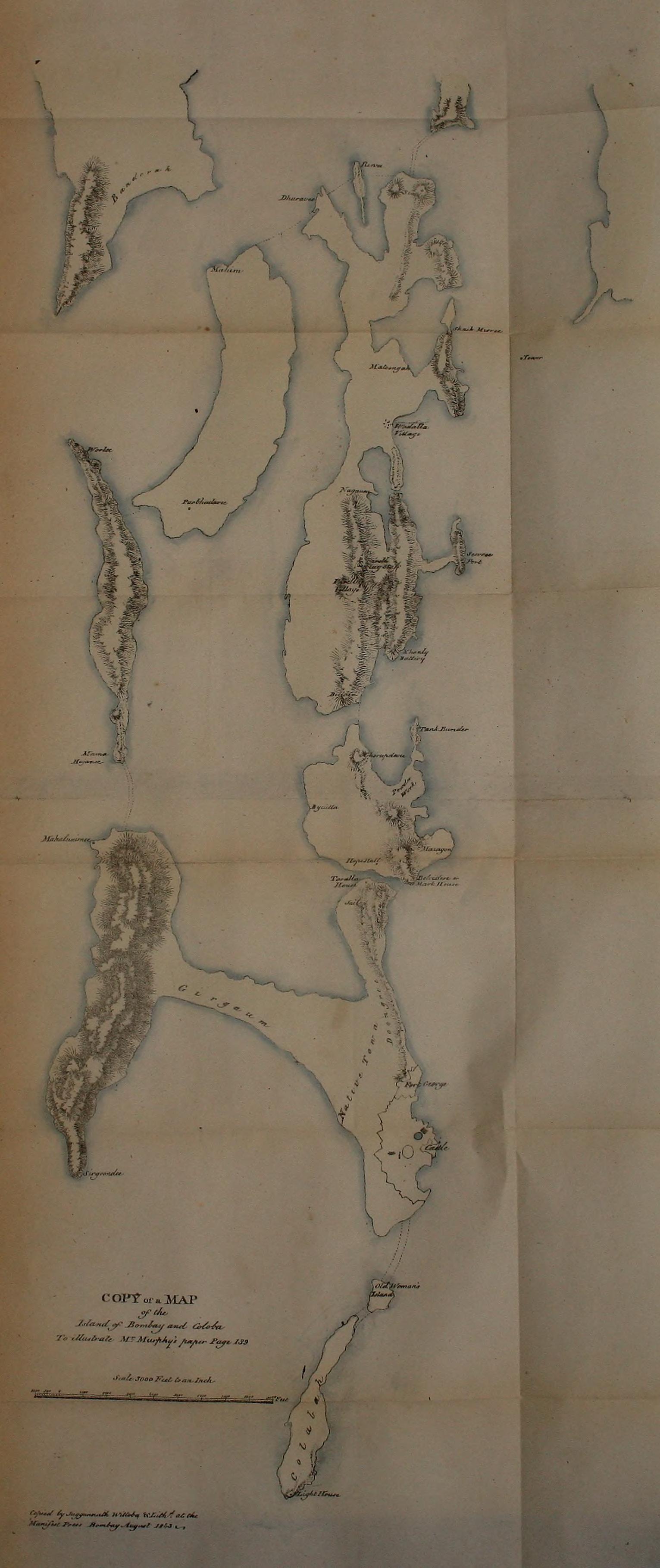 Historical map of Bombay dated 1838, Mumbai, India.
