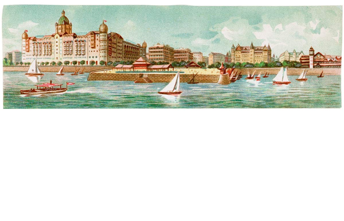Historical postcard of the Taj Mahal Palace hotel circa 1910, Mumbai, India.
