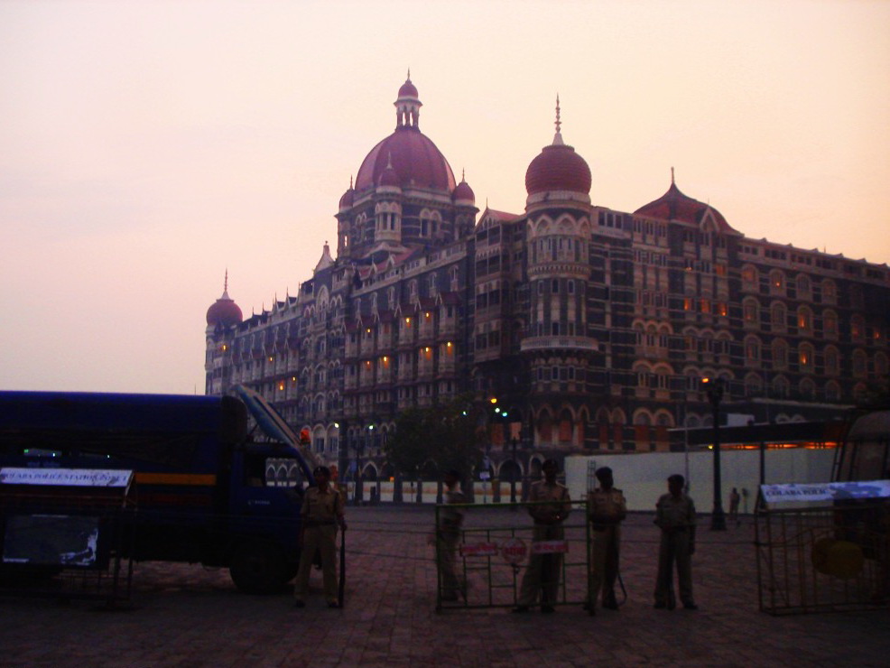 Taj Mahal Palace behind barricades after the 2008 attacks, Mumbai, India.