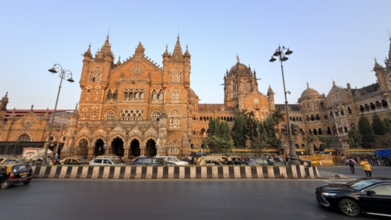 Wide façade of Chhatrapati Shivaji Maharaj Terminus, Mumbai, India.