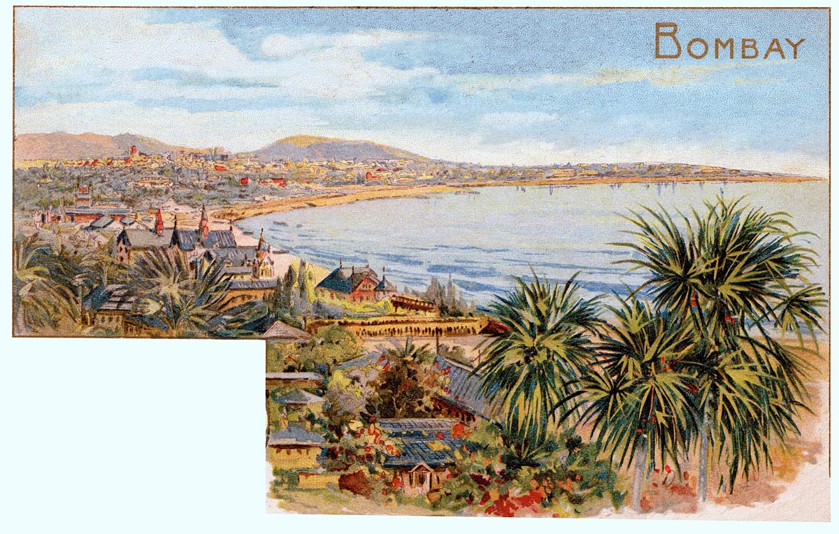 Lithographic view of Bombay Bay before the Art Deco waterfront, India, circa 1900.
