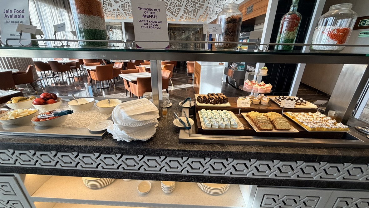 Dessert selection inside the Adani Lounge at Mumbai airport, India.