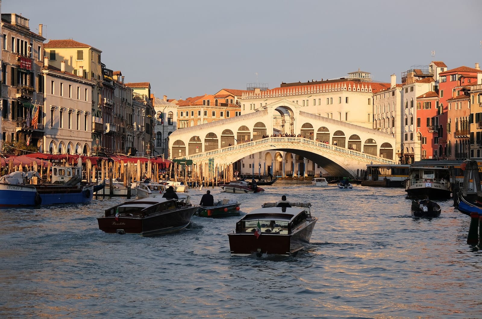 Rialto Bridge spanning the Grand Canal in Venice at blue hour