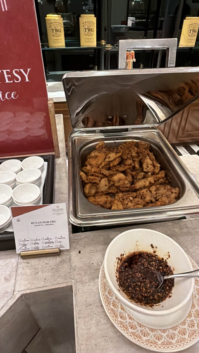 Hunan fish fry with a condiment at the evening buffet service at ITC Narmada Ahmedabad
