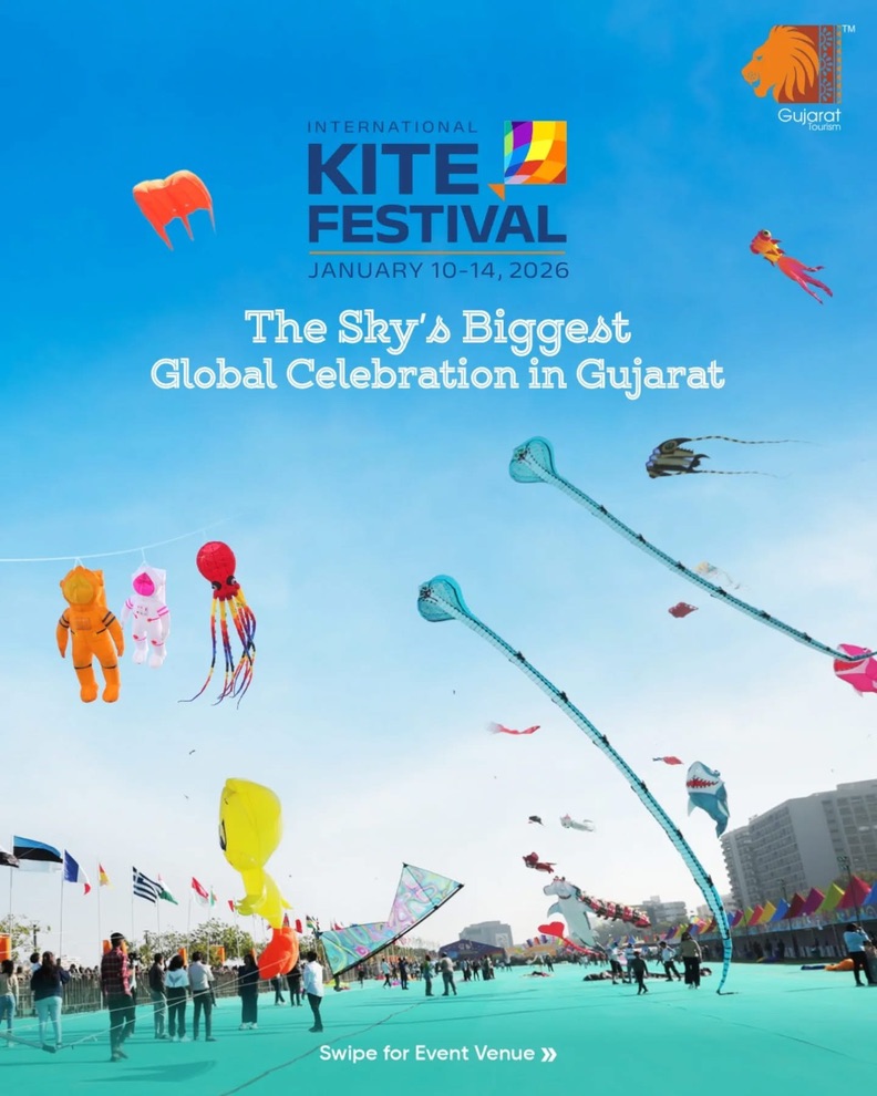International Kite Festival 2026 Gujarat Tourism poster dated January 10 to 14