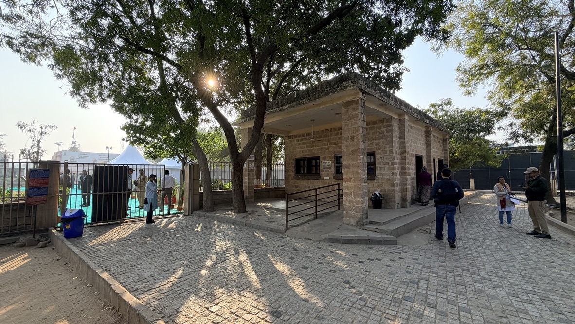 Tree-shaded entrance area at Sabarmati Ashram in Ahmedabad