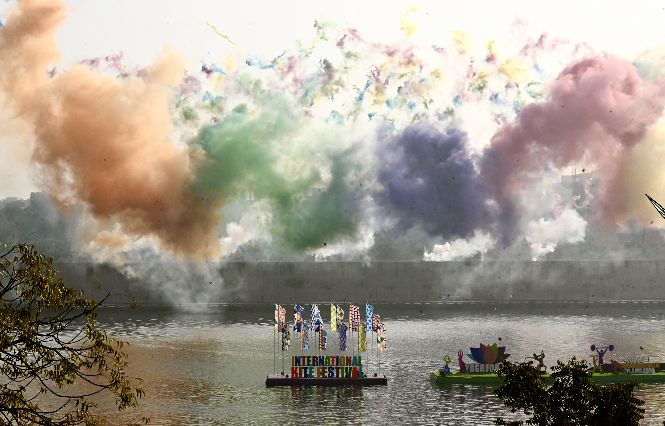 Kites being flown at the International Kite Festival on the Sabarmati Riverfront in Ahmedabad on January 12, 2026