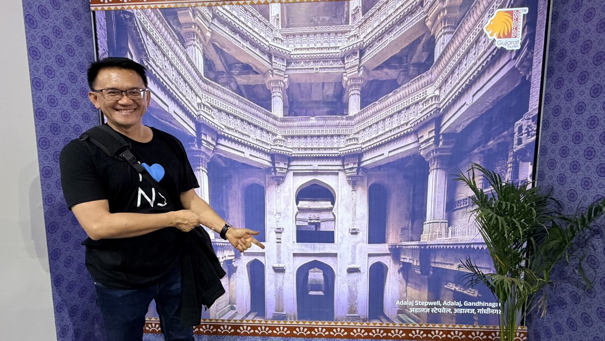 TOON beside a Gujarat Tourism photographic display of Adalaj Stepwell at the kite festival