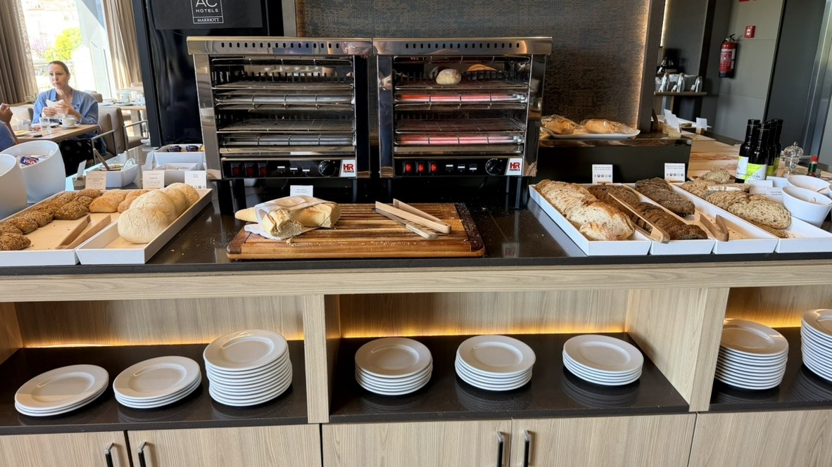 A bread and toast station at the AC Hotel Málaga Palacio breakfast buffet